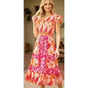 NWT Voy Pink/Orange Floral Smocked Midi Dress With Ruffled Sleeves~SMALL